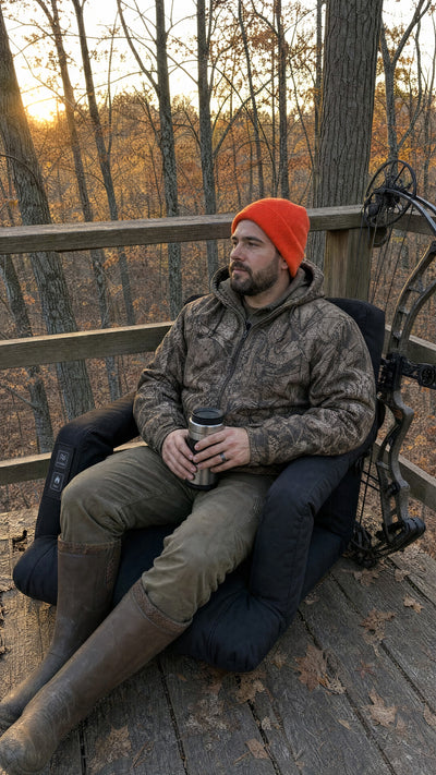 Hunter sitting in the HuddleWarm heated chair on a tree stand